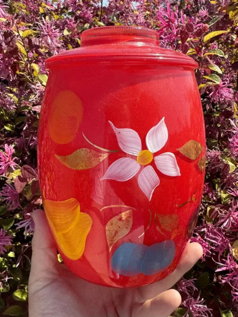 Vintage MCM Bartlett Collins 8.75" Glass Cookie Jar Canister Fruit Flower Red