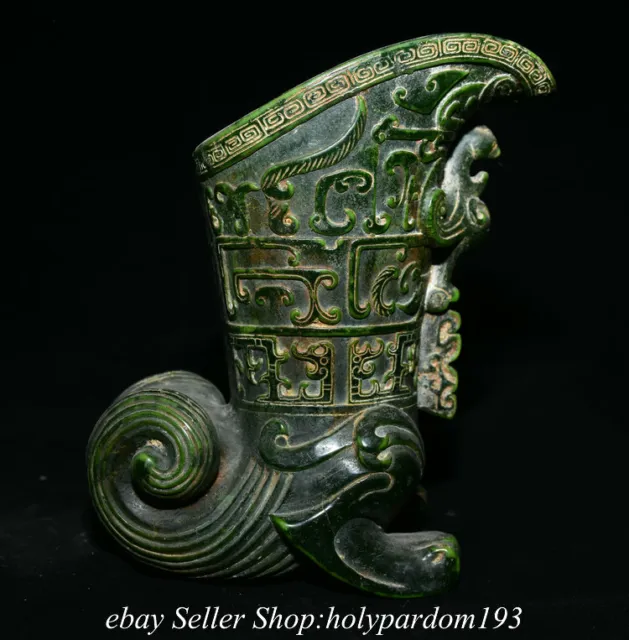 7.2" Rare Old Chinese Green Jade Carved Dynasty God Beast Wine Cup Statue T