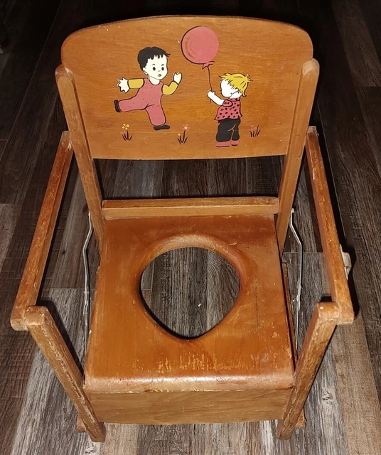 VTG, 50's ERA,  CHILDS WOODEN FOLDING POTTY TRAINING SEAT, BALLOON SCENE