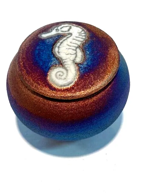 RAKU Art Pottery Dream Catcher Jar   Sea Horse Lid - Signed 3 1/4" Jeremy Diller