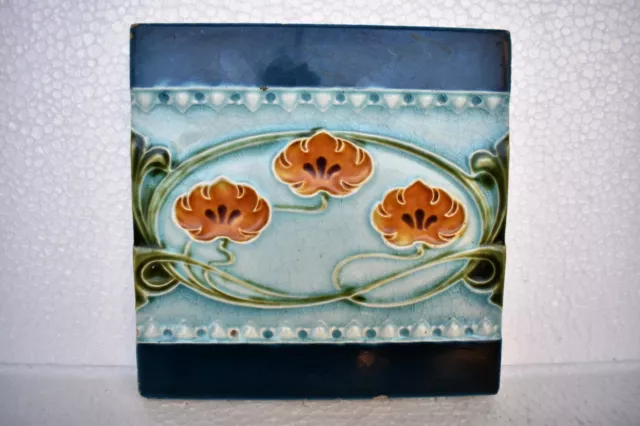 Antique Tile Art Nouveau Majolica Ceramic Porcelain England Floral Design "I101