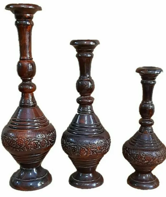 Beautiful Wooden Handicrafts Flower Pot Vase Gamla Home Decorative Set Of 3 Pc