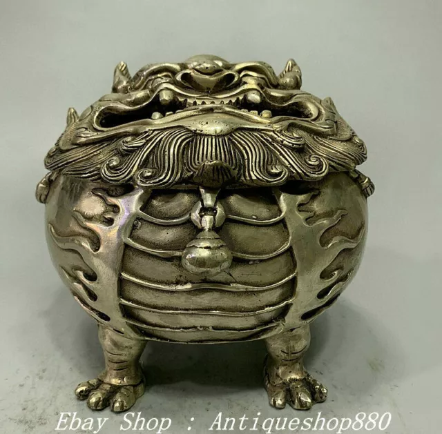 Old China Daming Xuande Marked Silver Dragon Lion Head Incense Burner Censer