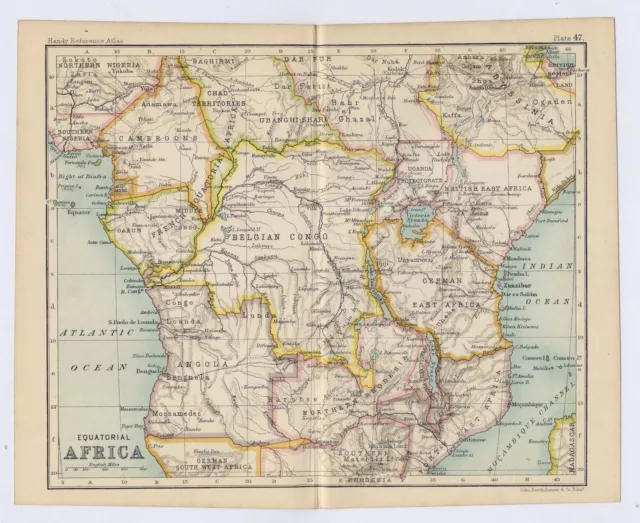 1912 Antique Map Of Central Africa Britisch German Colonies Congo Verso Rhodesia