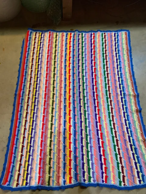 Vintage Crochet Afghan Striped Throw Lap Handmade Stadium Blanket 54 X 44 in