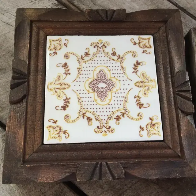 Vintage Mexican Tile Wood Trivet Hand Painted  7" square Boho Hippie