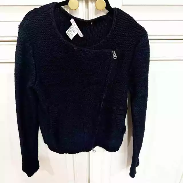 Paul & Joe Sister Isaac Navy Asymmetric Zip Front Chunky Knit Cardigan Sweater