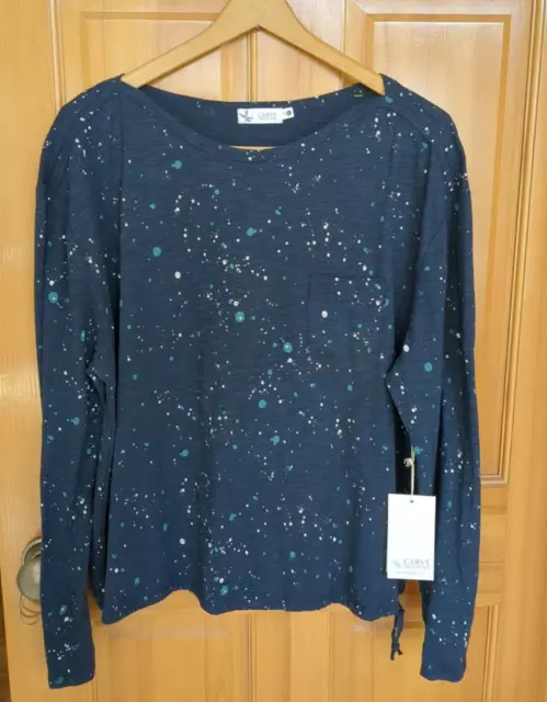 CARVE DESIGNS LORENA LONG SLEEVE TOP Navy Paint Splatter, drawstring, Large NWT