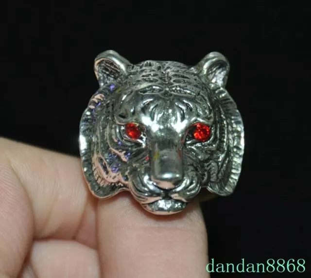 1'' Old chinese Tibetan silver Inlay gem Hand-carved Tiger head ring Jewelry