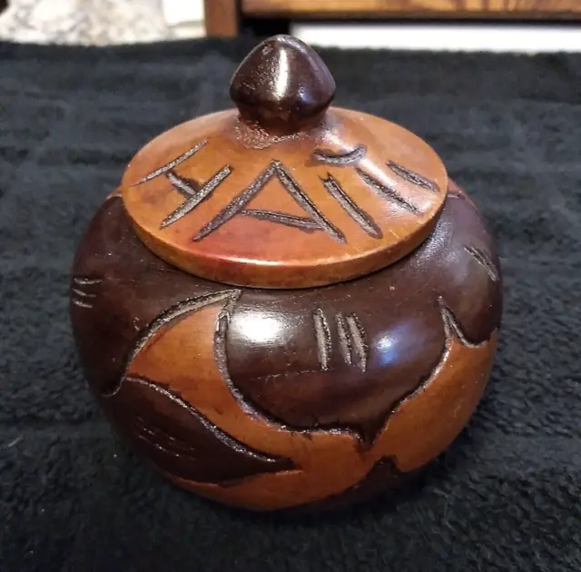 Vintage Haiti Hand Carved Round Wooden Trinket Jewelry Bowl Box With Lid