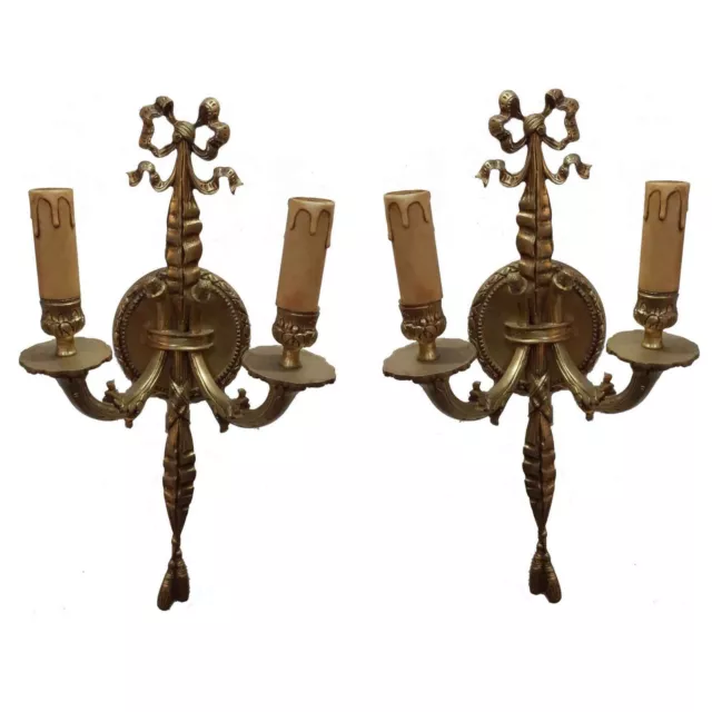 Pair Antique Replica Brass French Ornate Candle Holders Wall Sconces Lamps