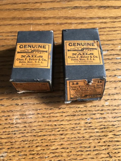 2 Vintage Nails In Original Boxes - Genuine Hold Fast Chas F Baker Co.