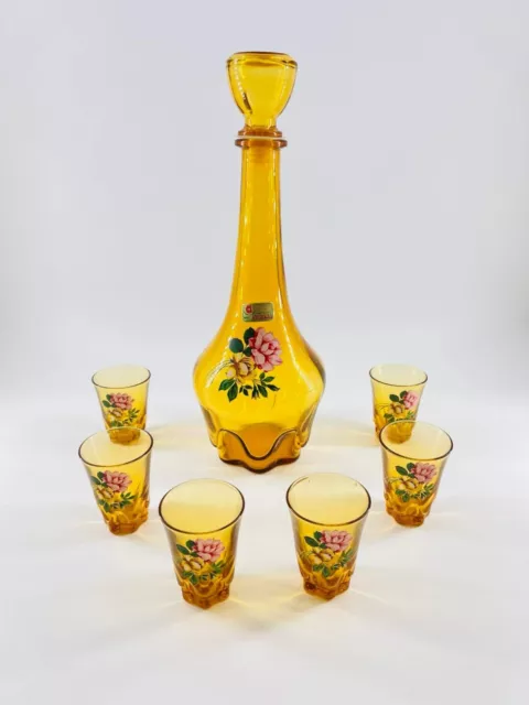 Amber Glass Decanter Set Italian Lubiana Kristall 6 Glasses Italy Floral Vintage