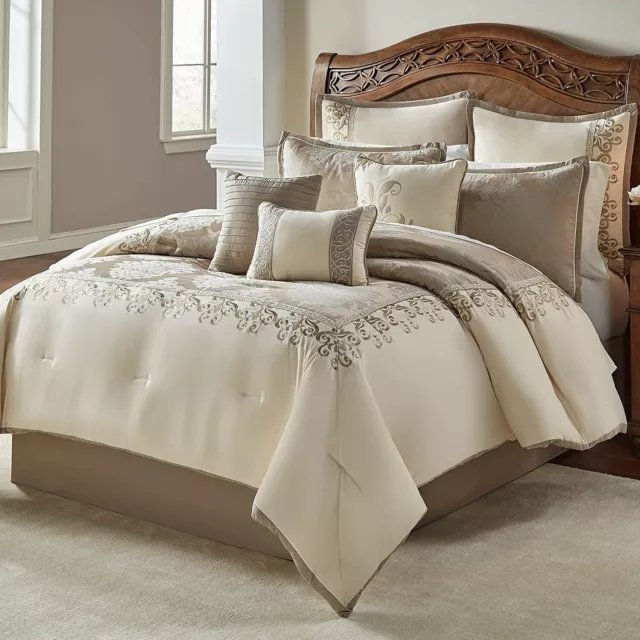 New Elegant Silky Gold Taupe Ivory Embroidered Damask King Queen Comforter set