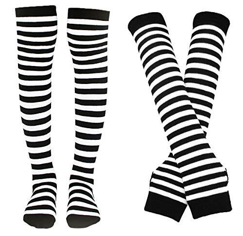 Womens Socks Striped Knee High Socks Arm Warmer Fingerless Gloves Set