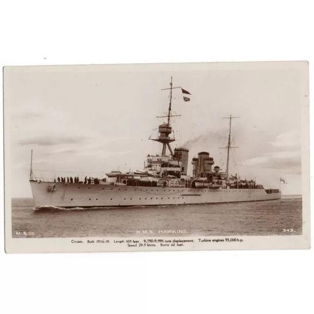 HMS HAWKINS Royal Navy Cruiser RP Postcard, Unused