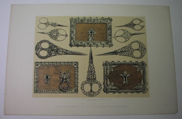 1863 color litho: LOCKS & SCISSORS; cutlery, Hobbs locksmithing, w/text; Langres