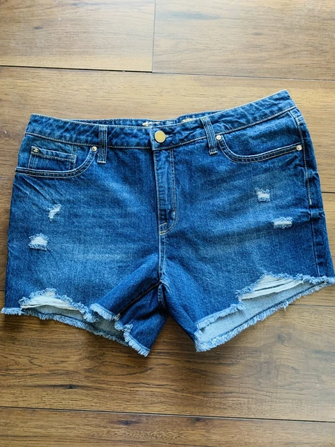 Seven7 Womens Weekend Short Blue Denim Distressed Dark Wash Sz 14