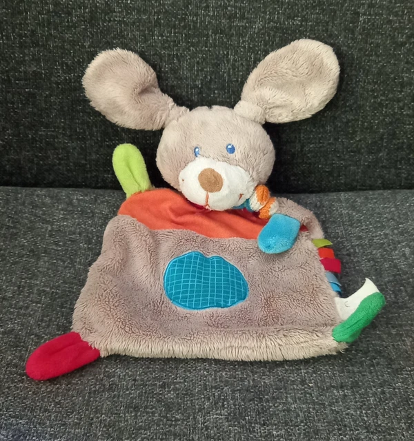 B1 Nicotoy Simba Doudou Lapin Plat Beige Gris Orange Rond Bleu Echarpe