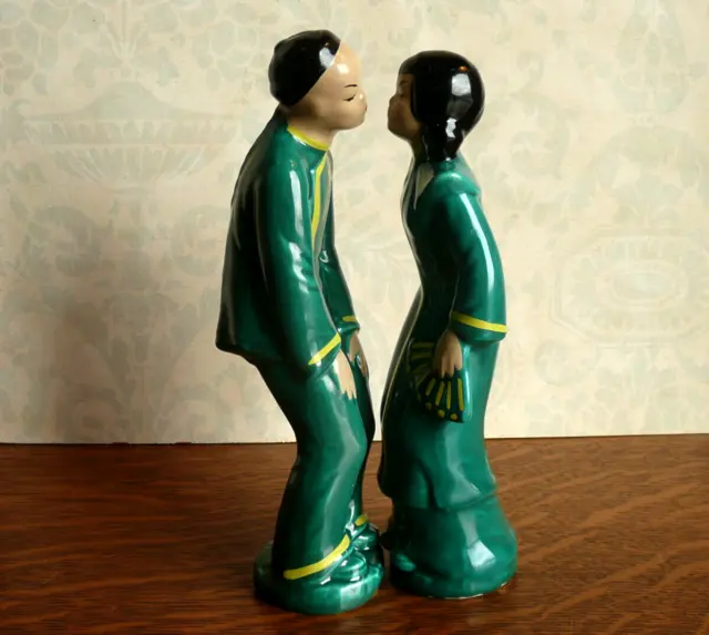 Vintage Asian Couple Woman & Man Kissing Hand Painted Pottery Figurines