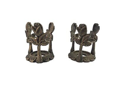 Pair Cast Iron Tea Light Candle Holders | Rose Motif | 3” Tall | Antiqued Finish