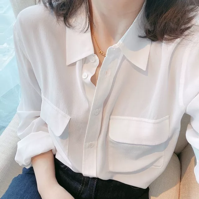 100% Silk Shirt Women's Solid Color Commuter Double Pocket Long Sleeved Blouses 3