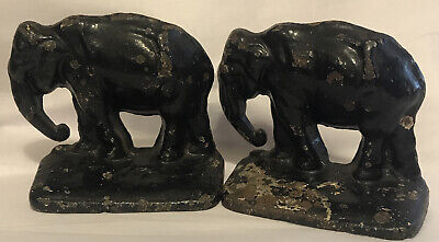 Antique Pair Cast Iron Elephant Bookends Black Chippy Paint