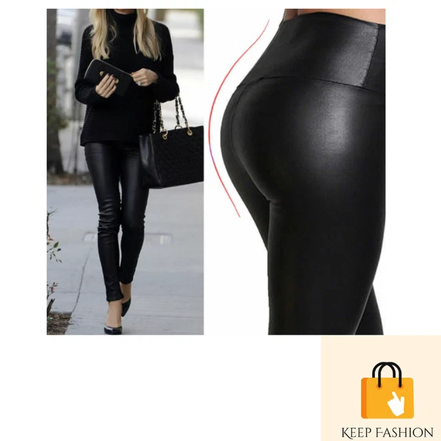 BLACK WET LOOK Leggings High Waist Faux Leather Ladies Stretch Pant PVC