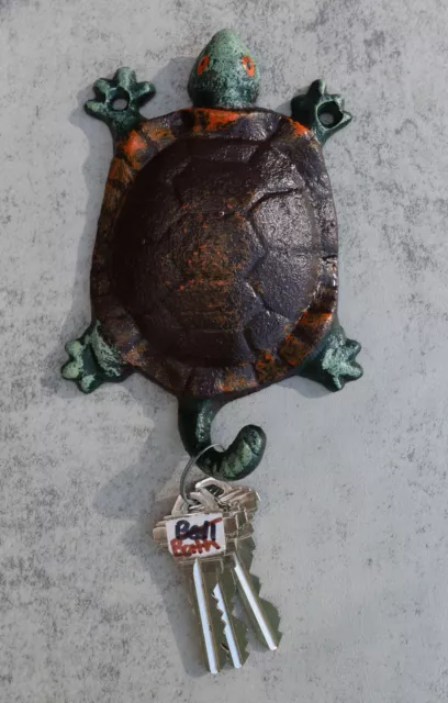 Nautical Sea Turtle Tortoise Cast Iron Rustic Verdigris Wall Hooks Set Of 2