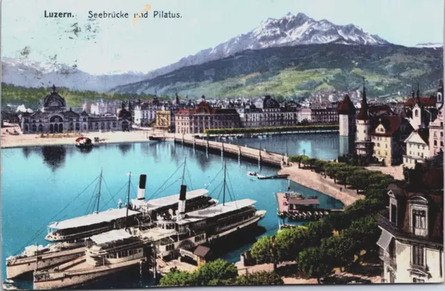 Switzerland Luzern Seebrücke und Pilatus Vintage Postcard C136