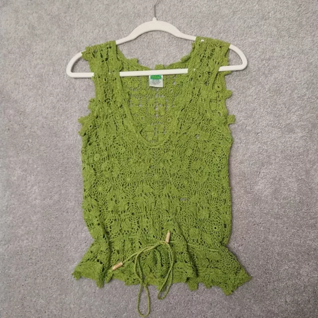 Billabong Blouse Womens M Green Crochet Open Knit Sleeveless Drawstring Beach