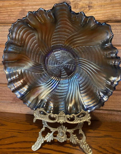 Fenton Blue Iridescent Carnival Glass Ribbon Tie/Comet Low Bowl 3 in 1 Crimp 9"