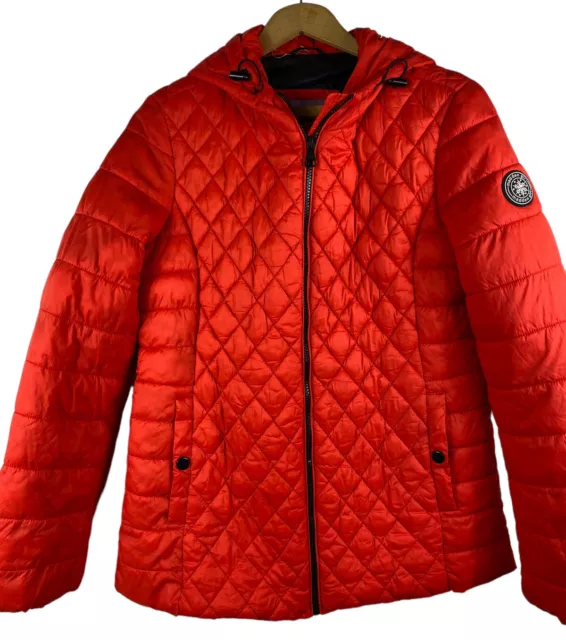 Madden Girl Puffer Jacket Medium Red Orange Hooded Packable Juniors Quilted