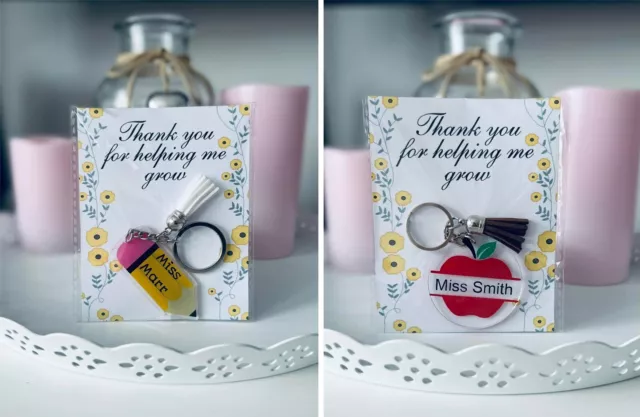 Personalised Key Ring For Teacher With Text Customised Pencil Apple Fringe