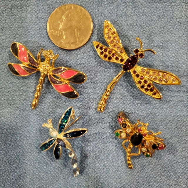 Vintage Stunning  Multi Color Crystal Rhinestone Dragonfly Pin Brooch Lot Of 4