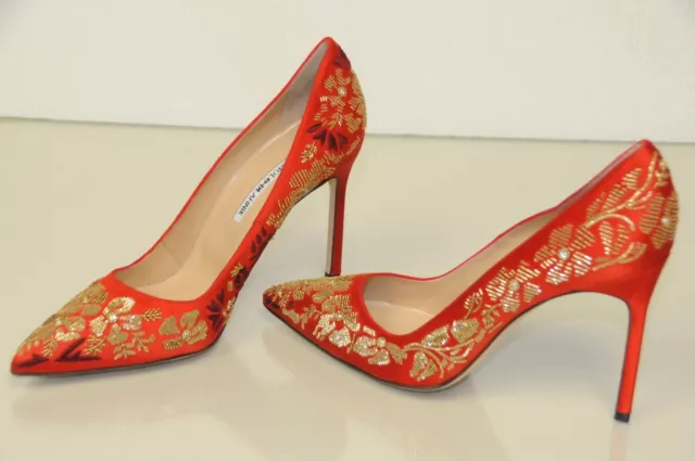 $925 New Manolo Blahnik BB 105 Embroidery RED Satin Shoes Pumps 40 41.5 wedding