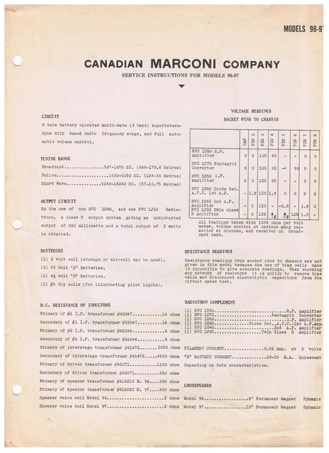Canadian Marconi Radio Service Instructions Model 96-97
