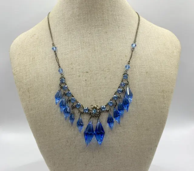 Vintage Jewellery Blue Glass Dangles Open Bezel Bead Collar Chain Necklace Czech