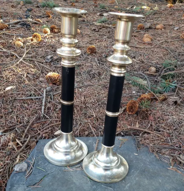 Solid Brass Candle Holders Matching Candlestick Pair Black Enamel Wedding Party