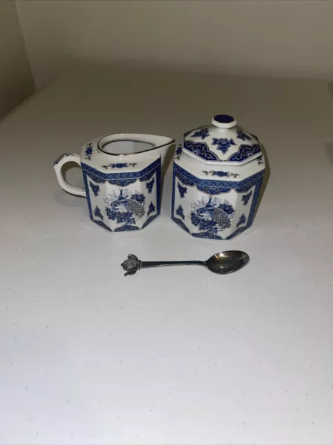 Andrea Sadek Porcelain Peacock Sugar Creamer Set Japan Blue White Steel Spoon