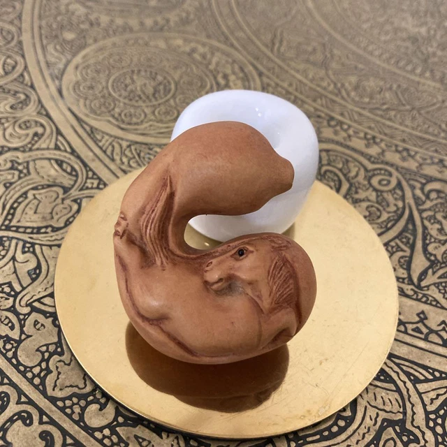 Tsuge netsuke Horse on gourd Signed Eiichi Boxwood carving Sagemono Obidome