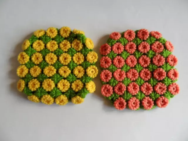 2 x Vintage Retro Hand Crochet Floral Chunky acrylic wool Cushion Covers