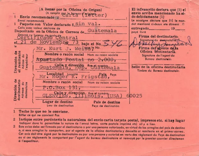 Guatemala: 1973: Aviso de Recepcion to Glenview USA 2