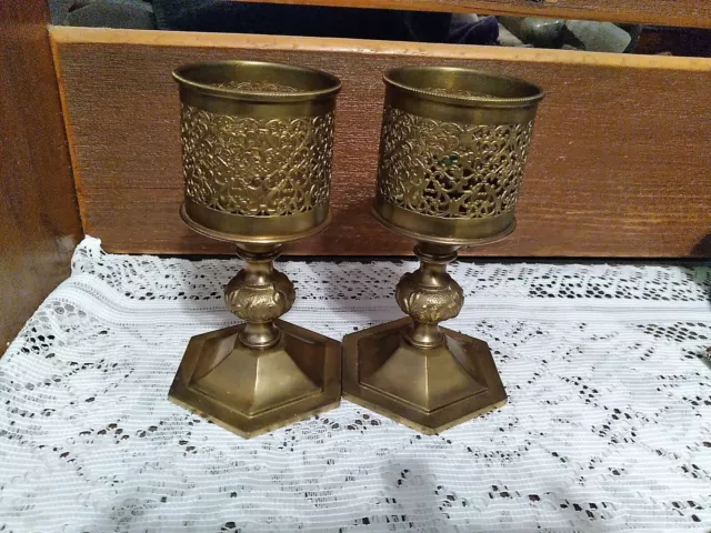 VTG Pair of Brass Candle Stick Holders Mid Century Made in Italy Script Design