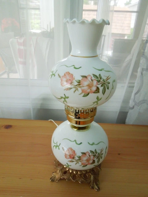 GWTW VTG 3-WAY MILK-GLASS FLORAL PARLOR BOUDOIR HURRICANE LAMP EF & EF Co., Inc