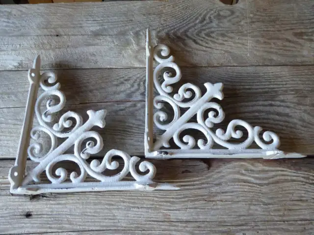 New Pair of Antique Vintage White Ornate Cast Iron Shelf Brackets Wall Brackets