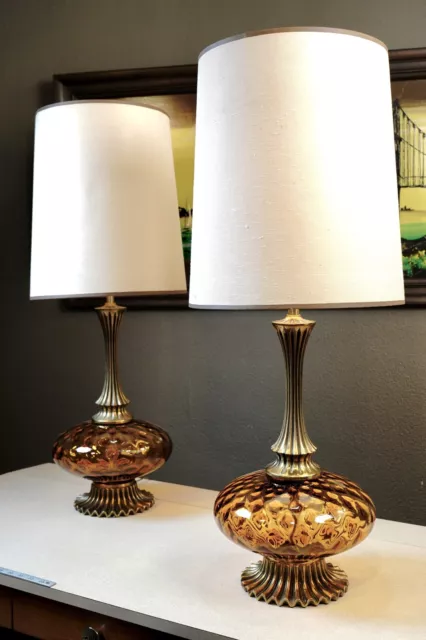 Pair of Mid Century Regency Westwood Brass & Amber Glass Oval Globe Table Lamps