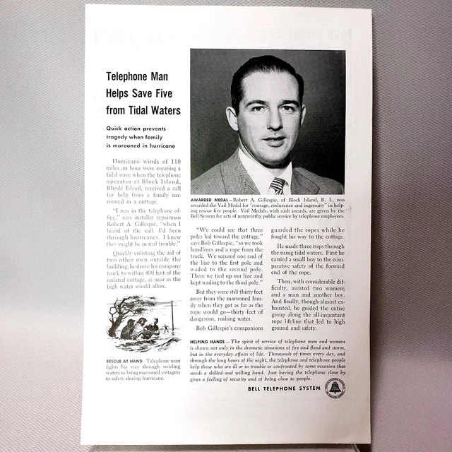 1956 Bell Telephone System Print Ad Telephone Man Saves From Tidal Waters