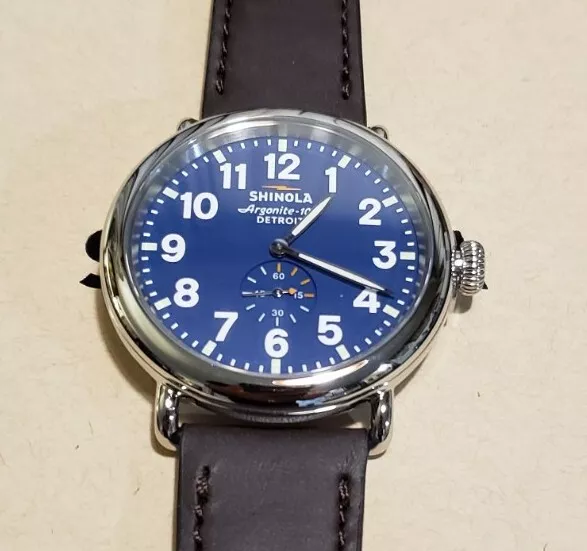 Shinola Runwell Watch with 47mm Blue Face & Brown Leather Band.