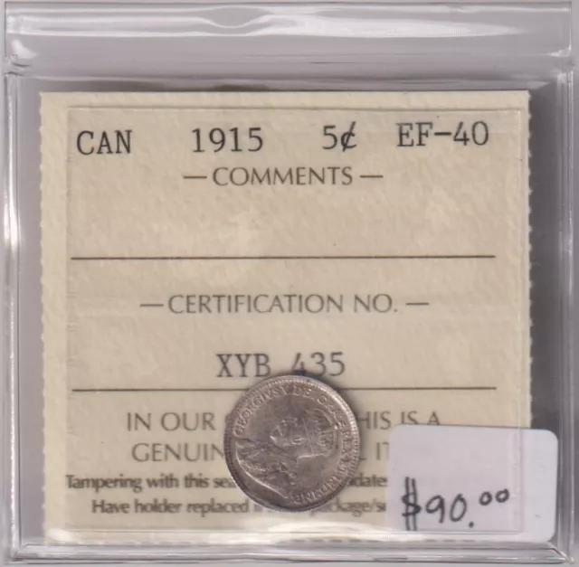 1915  Canada  5 Cent ICCS  Silver Coin Extra Fine  inv#1606